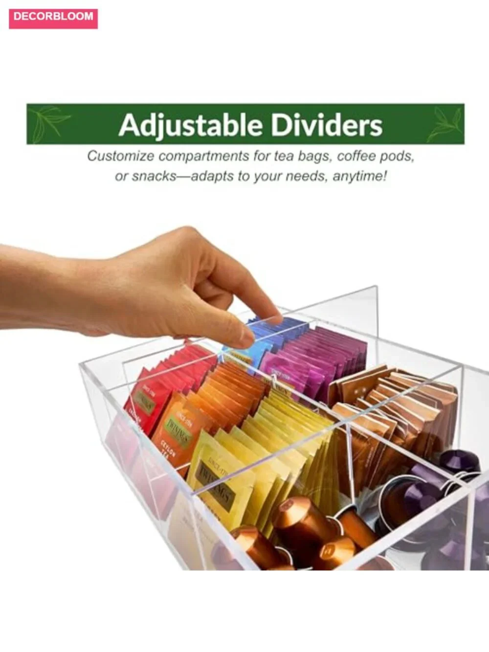 Heavy-Duty Acrylic Tea Bag Organizer, 8-Compartment Storage Box, Crystal Clear,